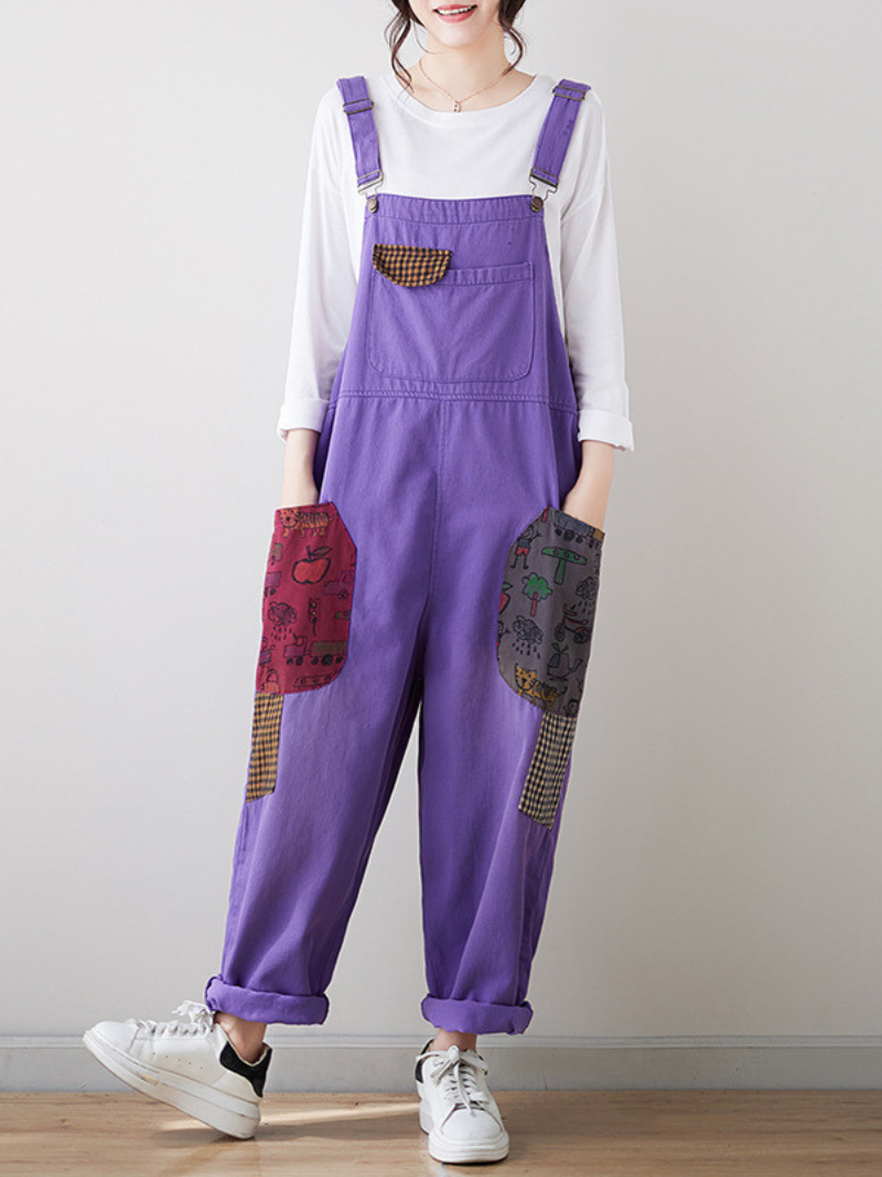 Relaxed Fit Purple Overalls with Contrast Pattern Pockets