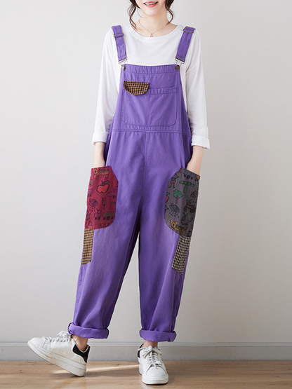 Relaxed Fit Purple Overalls with Contrast Pattern Pockets