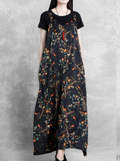 Botanical Print Silk Jumpsuit - Flowing Wide Leg Design