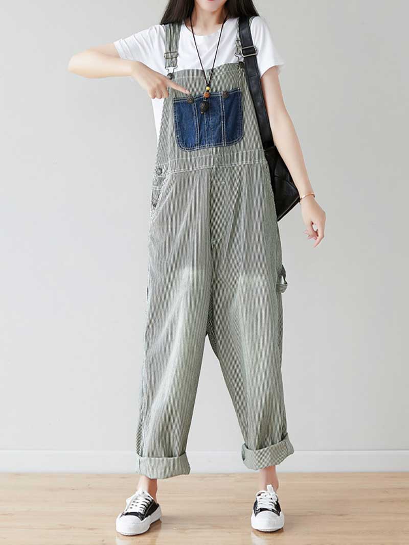 Grey Patch Denim Overalls with Adjustable Straps for Women