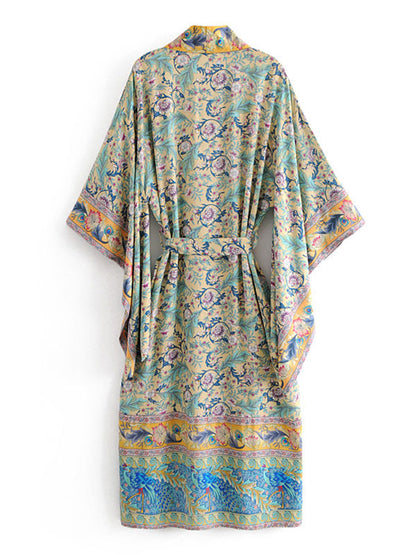 Women's Long Kimono Floral Print Green Color Cotton Viscose Long Length Gown Kimono Duster Robe