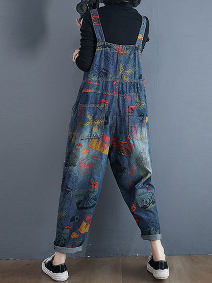 Postcard Print Denim Dungarees with Barrel Leg Shape