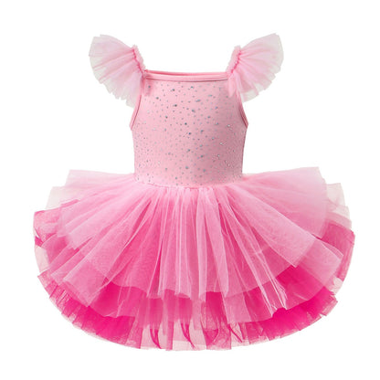 Children's Hot-fix Rhinestone Embroidered Flared-sleeve Ballet Skirt