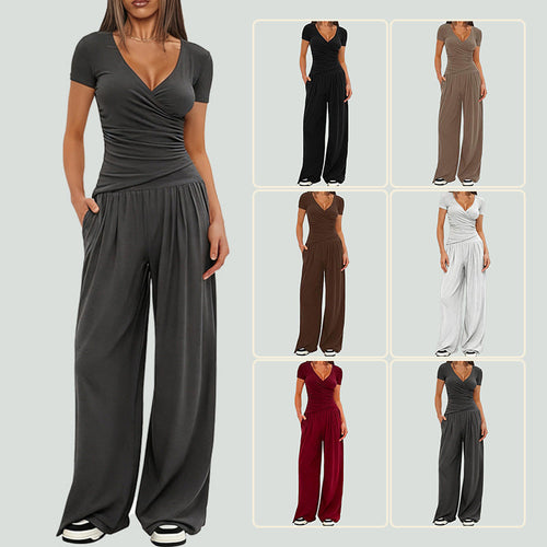 2 Pieces Women's V Neck Short-sleeve Sportswear Top And Wide-leg Pants Set Casual Comfortable Outfit Set For Daily Wear Gym Sports Outfit