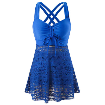 Women's Solid Color Lace One-Piece Swimsuit with Shorts – Korean Style