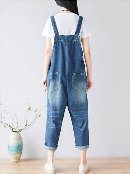 Floral Embroidered Denim Overalls - Relaxed Fit