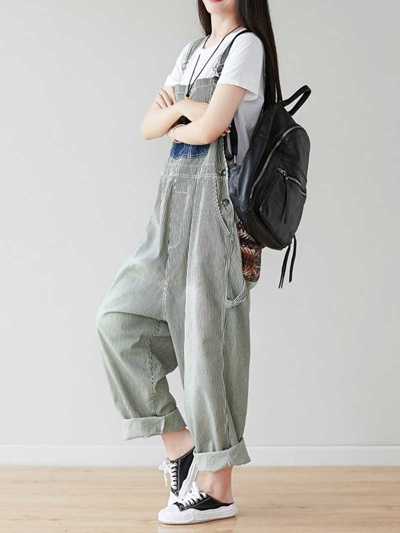 Grey Patch Denim Overalls with Adjustable Straps for Women