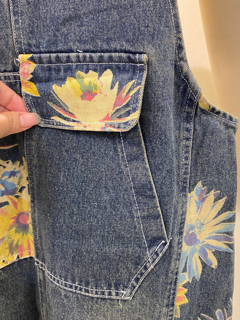 Sunflower Print Denim Dungarees - Utility Pocket Style