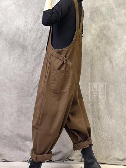 Women's Loose Barrel Leg Overalls with Side Buckle Straps