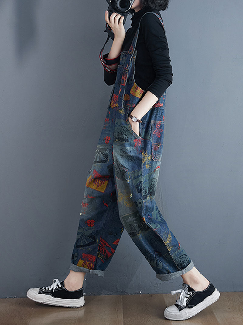 Postcard Print Denim Dungarees with Barrel Leg Shape