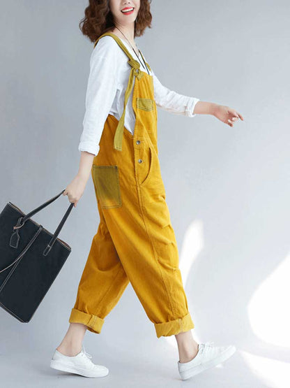 Vintage Washed Denim Dungarees with Knot Straps & Rolled Cuffs