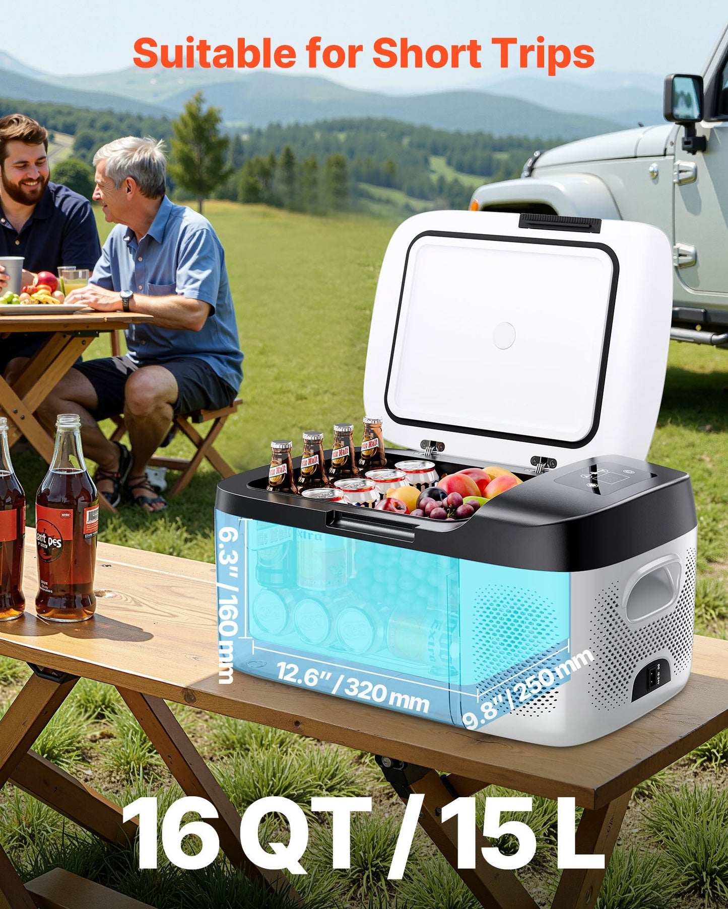 12V Portable Car Fridge Freezer 16QT | App Control, ECO & MAX Mode, 60W