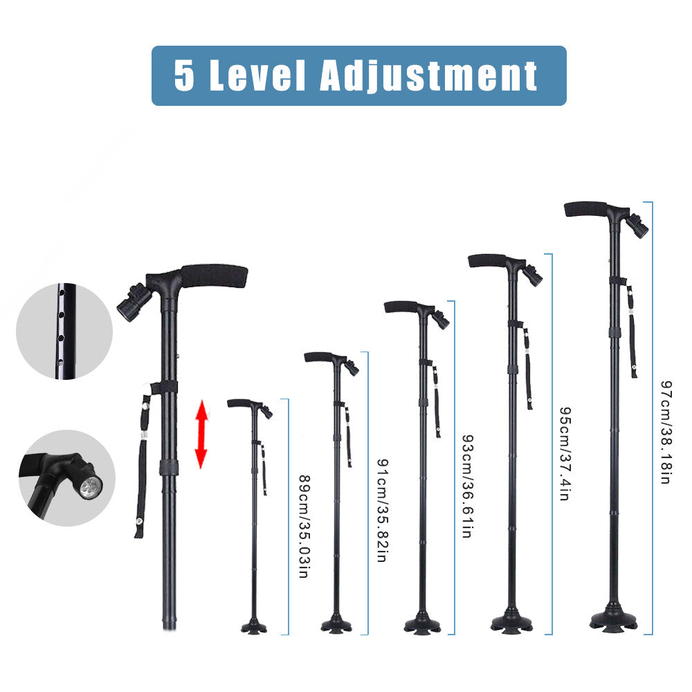 Folding Walking Cane with LED Flashlight – 5 Adjustable Heights, 360° Anti-Slip Base for Hiking & Travel
