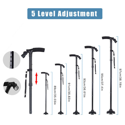 Folding Walking Cane with LED Flashlight – 5 Adjustable Heights, 360° Anti-Slip Base for Hiking & Travel