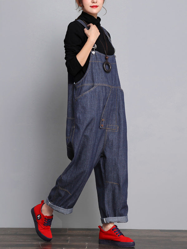 Dark Blue Denim Overalls - Buckle Strap Design