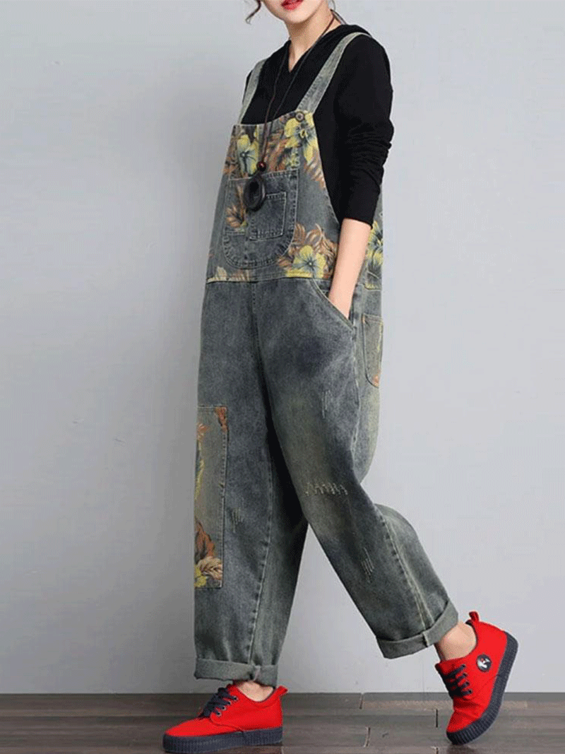 Nature Print Denim Overalls - Relaxed Fit Dungarees