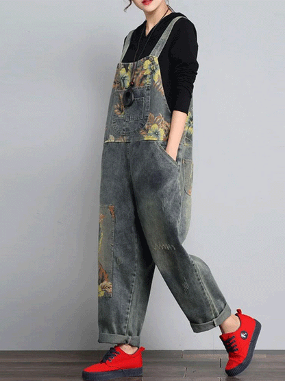 Nature Print Denim Overalls - Relaxed Fit Dungarees