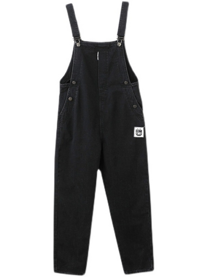Women's Black Denim Overalls with Side Button Closure