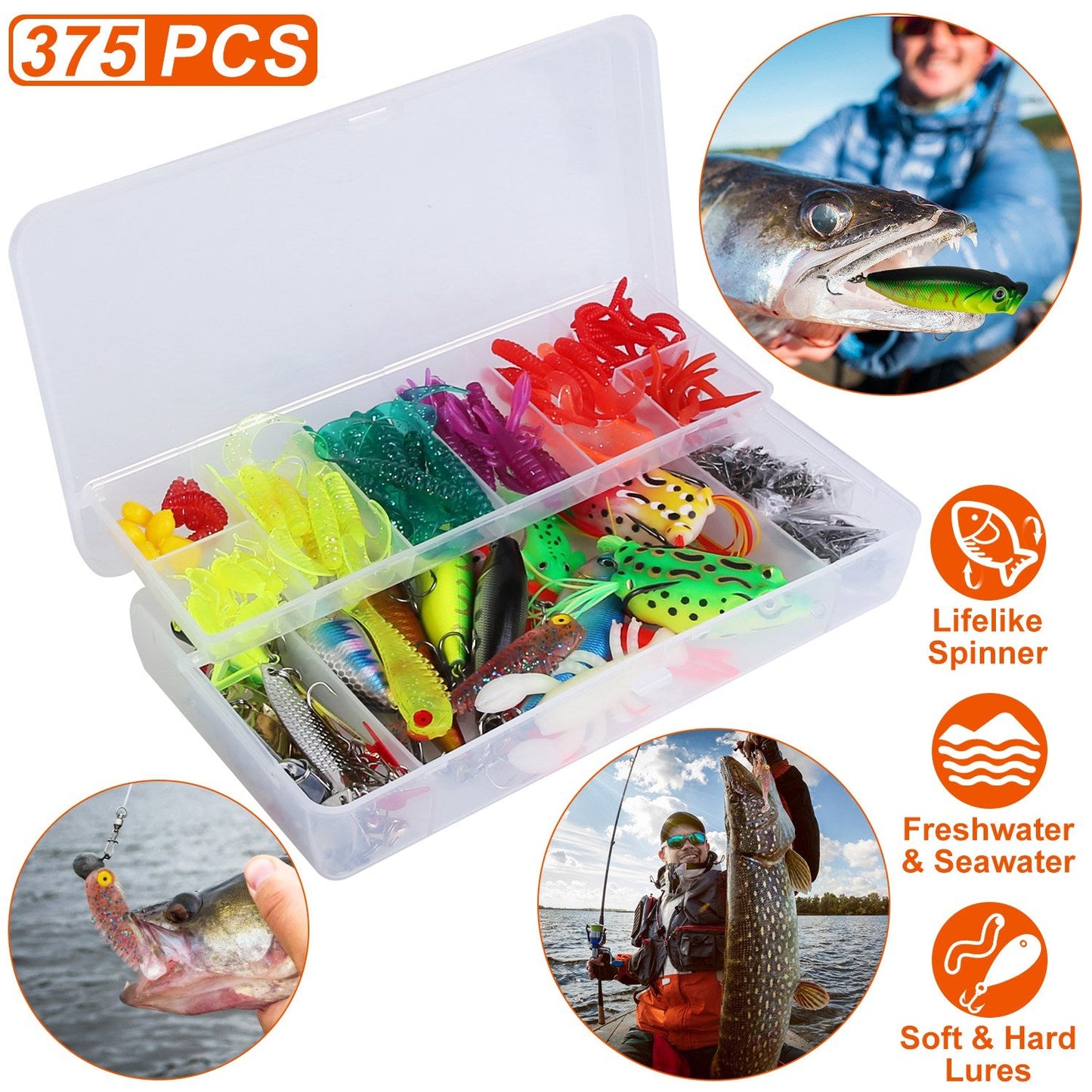 375-Piece Fishing Lure & Bait Kit with 2-Layer Tackle Box