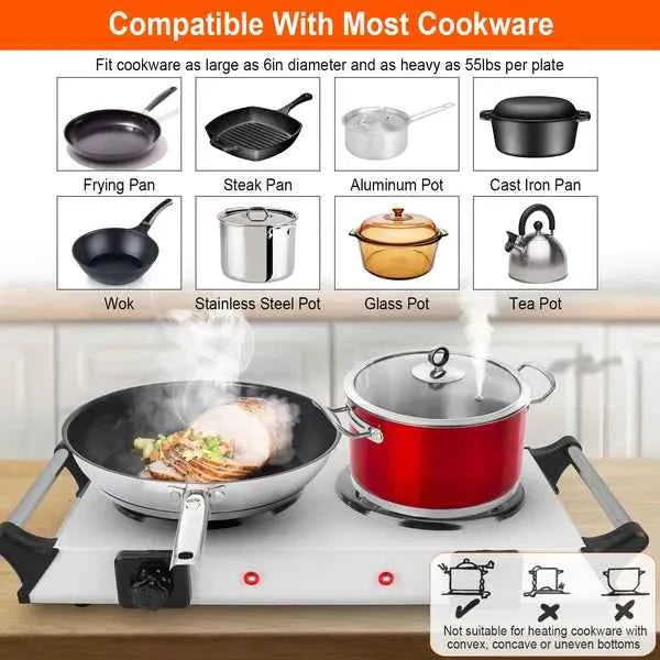 2000W Dual Burner Electric Hot Plate – 5 Temperature Settings, Portable