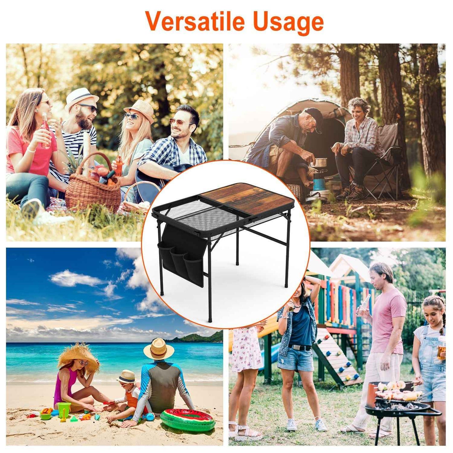 Adjustable Height Folding Camping Table with Hanging Storage Net – 66 lb. Capacity