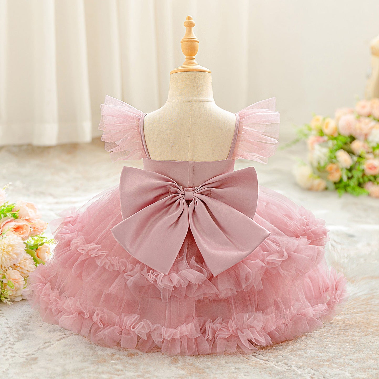 Children's Puff-sleeve Bowknot Tulle Fluffy Tiered Cake Skirt