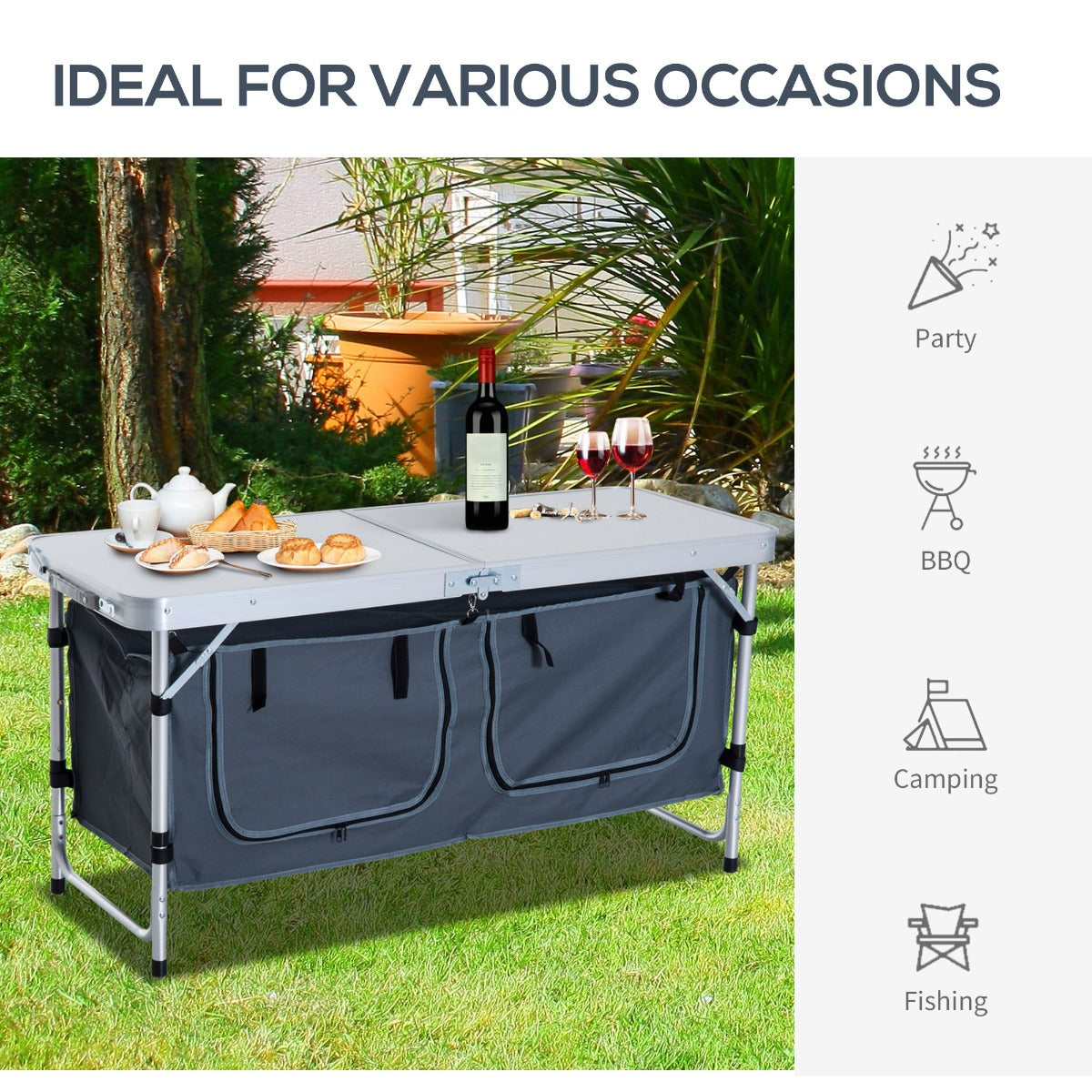 47" Aluminum Folding Camping Table with Storage Organizer | 3-Height Adjustable