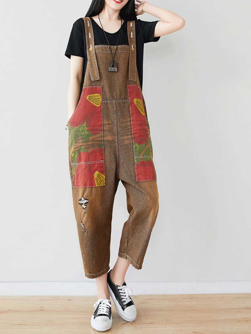 Patchwork Cropped Denim Dungarees with Side Pockets