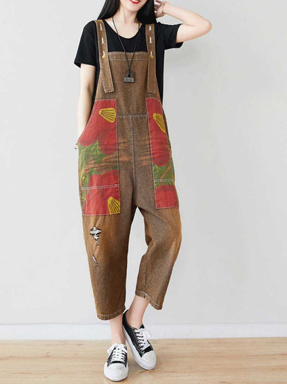 Patchwork Cropped Denim Dungarees with Side Pockets