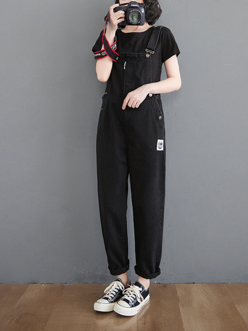 Women's Black Denim Overalls with Side Button Closure