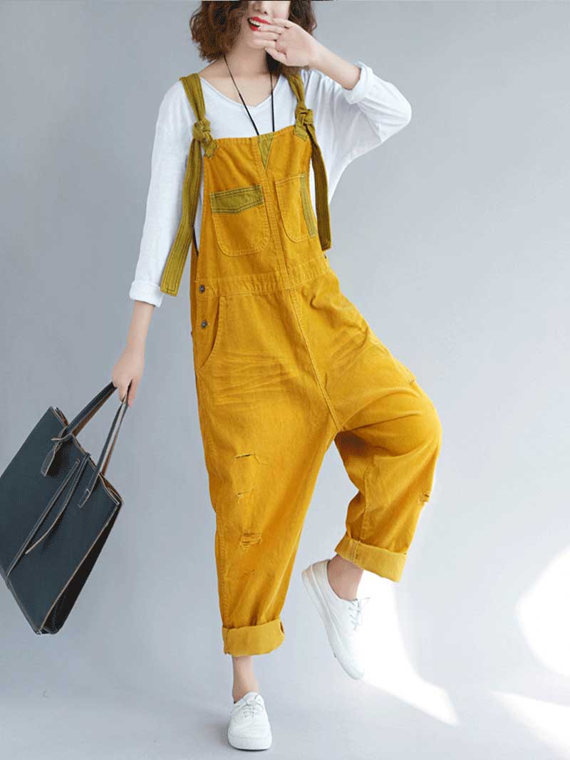 Vintage Washed Denim Dungarees with Knot Straps & Rolled Cuffs