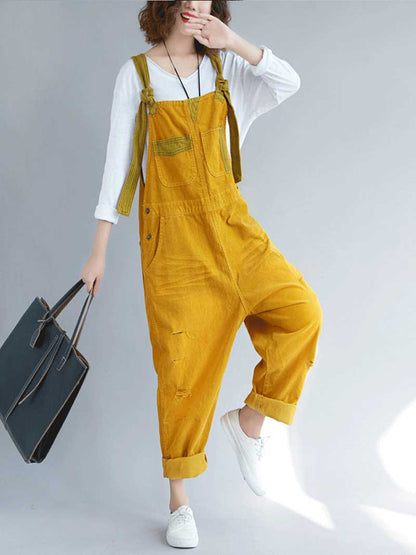 Vintage Washed Denim Dungarees with Knot Straps & Rolled Cuffs