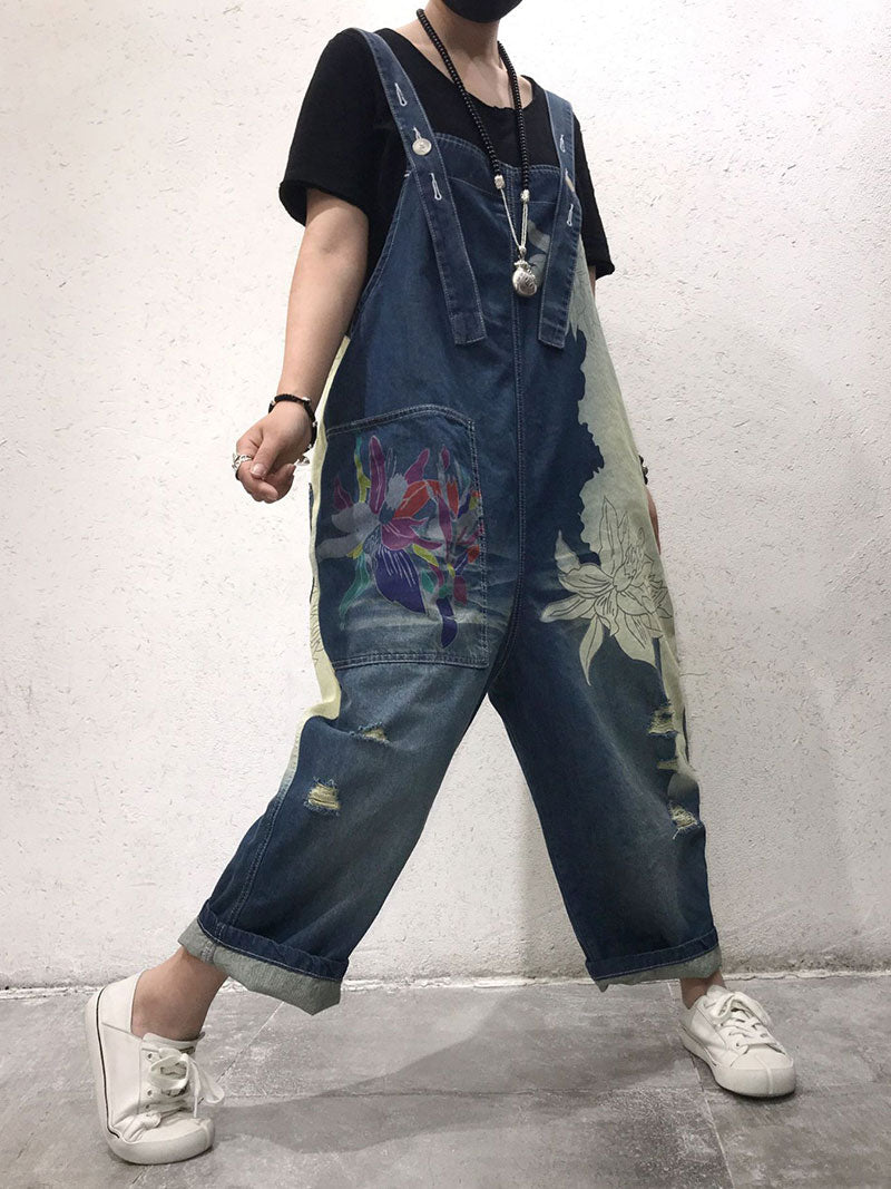 Artistic Floral Denim Dungarees - Distressed Wide-Leg Fit