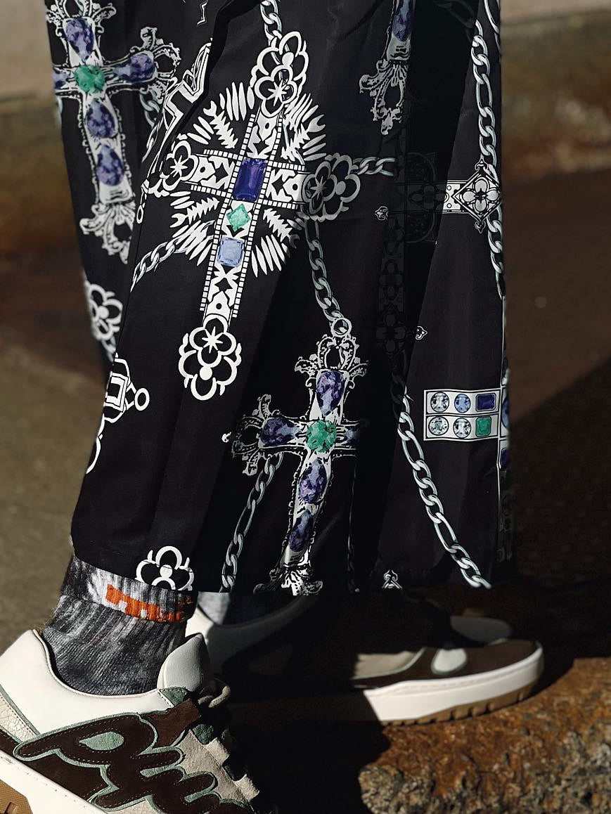 Black Cross Print Plaid Patchwork Wide-Leg Pants
