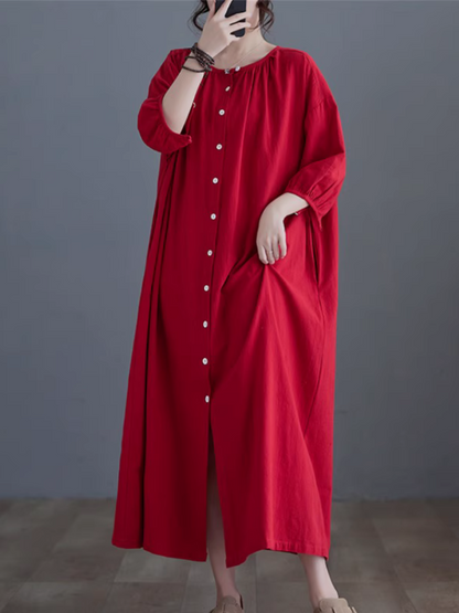 Women's Cool Button-Up Side Pockets A-Line Shirt dress