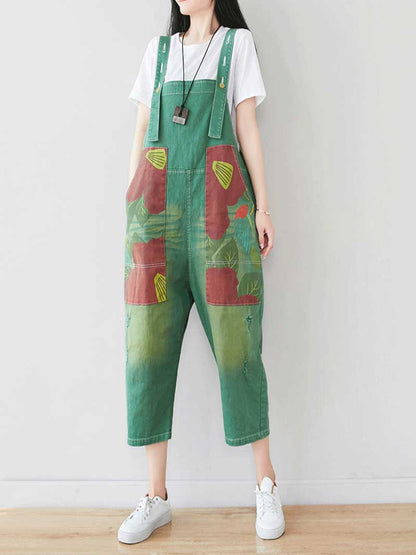 Patchwork Cropped Denim Dungarees with Side Pockets