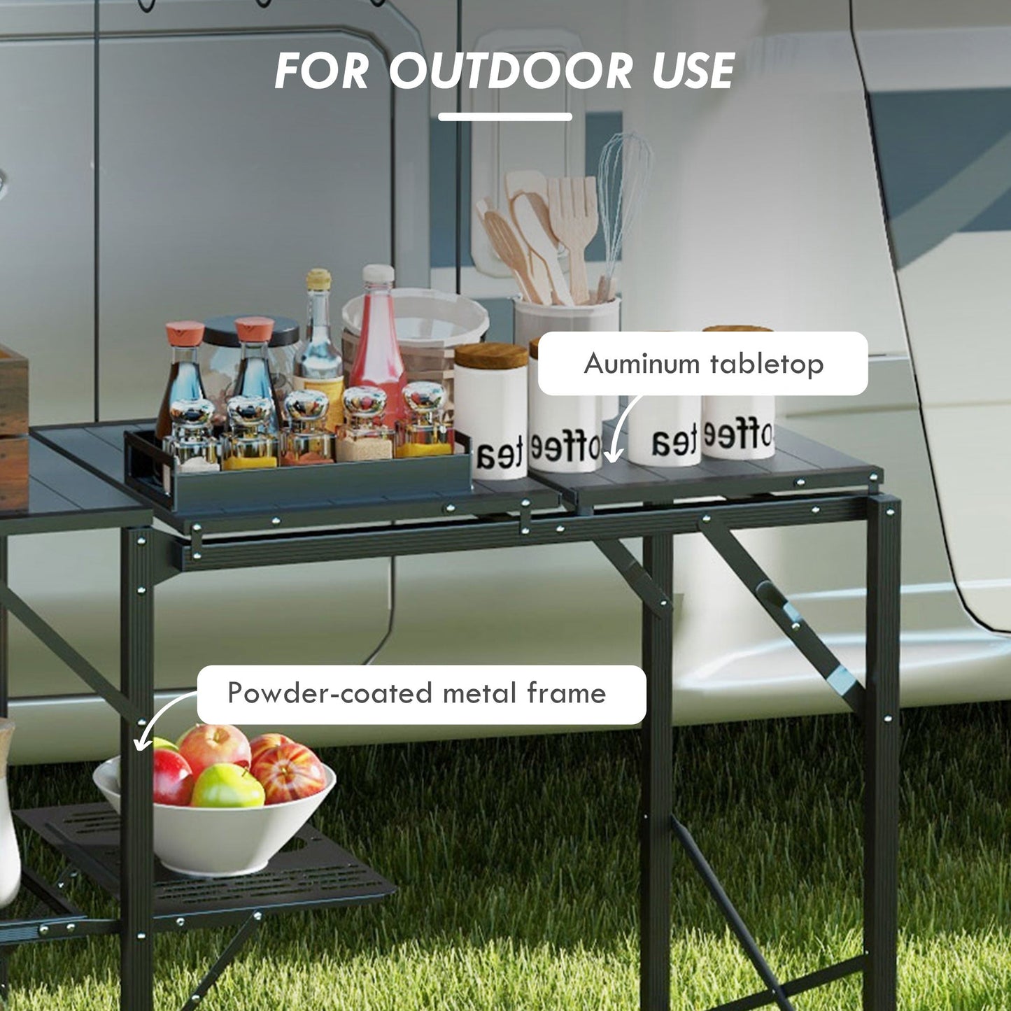 Folding Camp Kitchen Cooking Station with Lamp Stand, Shelves & Utensil Hooks
