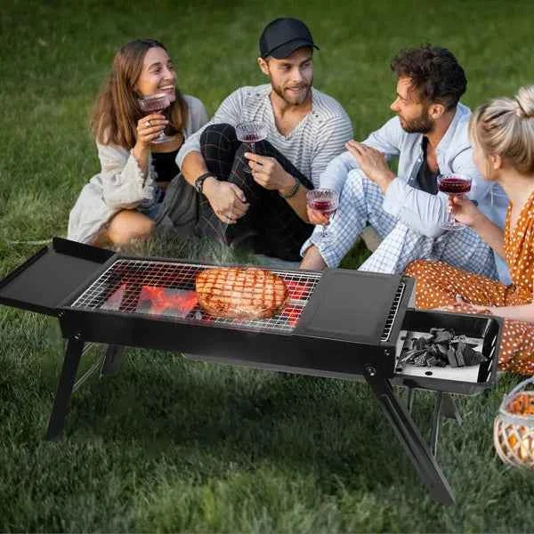 Folding Charcoal BBQ Grill with Charcoal Drawer & Side Shelf – Portable, 4 lbs.