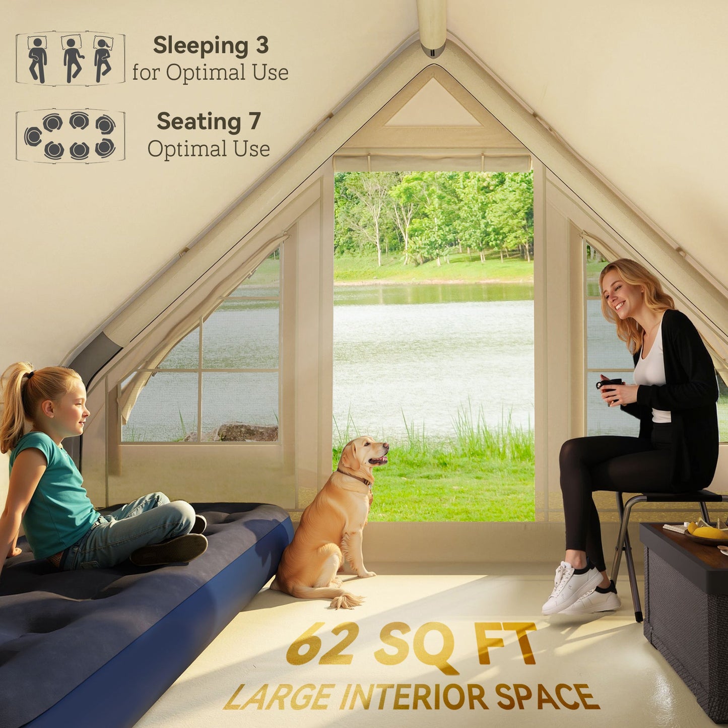 4-Season Inflatable Camping Tent – 3000mm Waterproof, UPF50+, Inflates in 5 Minutes with Hand Pump