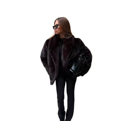 Women's Mid-Length Faux Fur Coat – Black