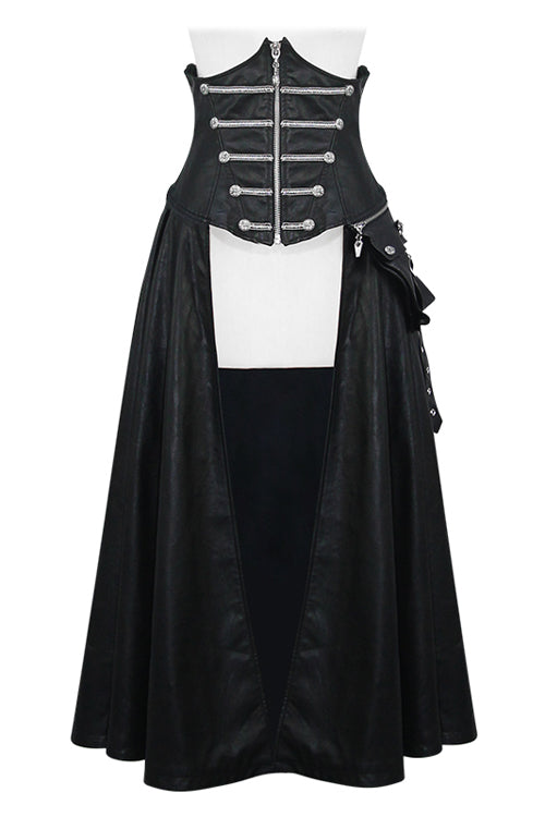 Black Chain Shaped Ribbons Zipper Up Leather Big Swing Punk Womens Half Skirt