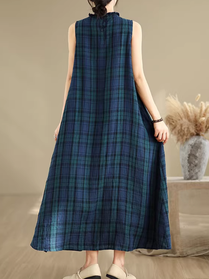 Sleeveless Plaid Maxi Dress in Airy Cotton Linen Blend Elegance