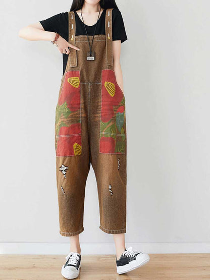 Patchwork Cropped Denim Dungarees with Side Pockets