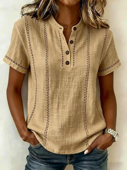 Women's Striped Short-Sleeve V-Neck Button Blouse – Minimalist Casual Top