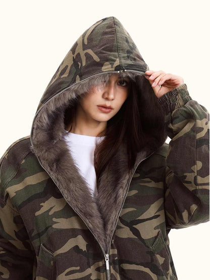 Women's Hooded Camouflage Fleece-Lined Jacket – Warm Outdoor Outerwear