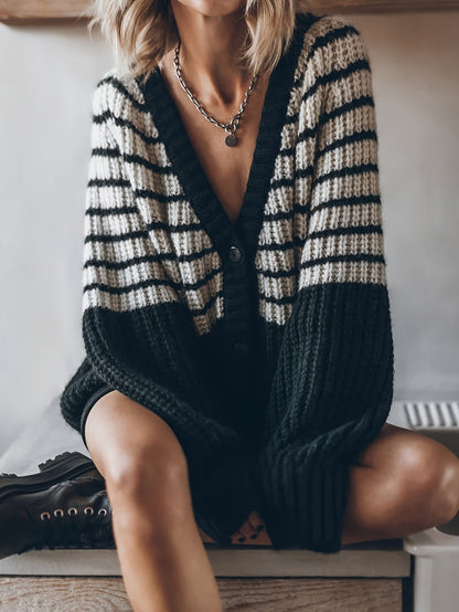 Women's Black & White Stripe Open-Front Knit Cardigan