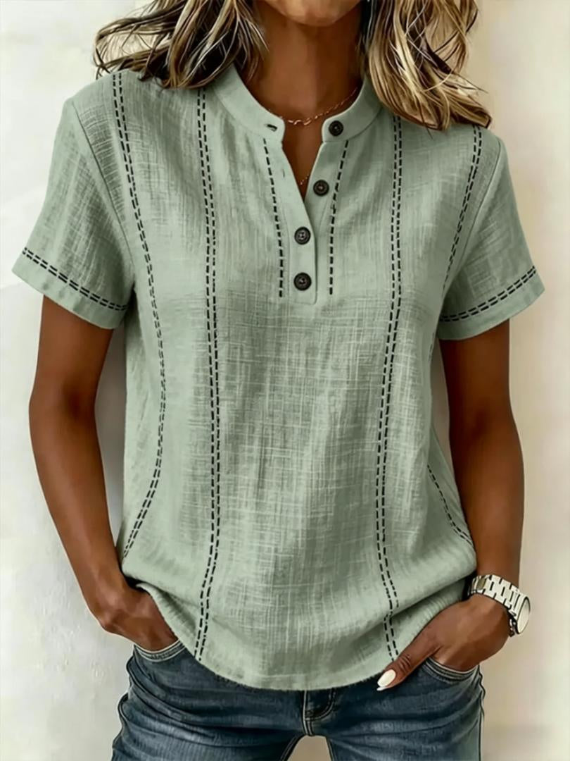 Women's Striped Short-Sleeve V-Neck Button Blouse – Minimalist Casual Top