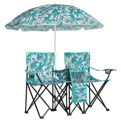 Folding Double Camp Chair with Removable Umbrella – Cup Holders, Cooler Bag & Carry Bag for Beach & Outdoors