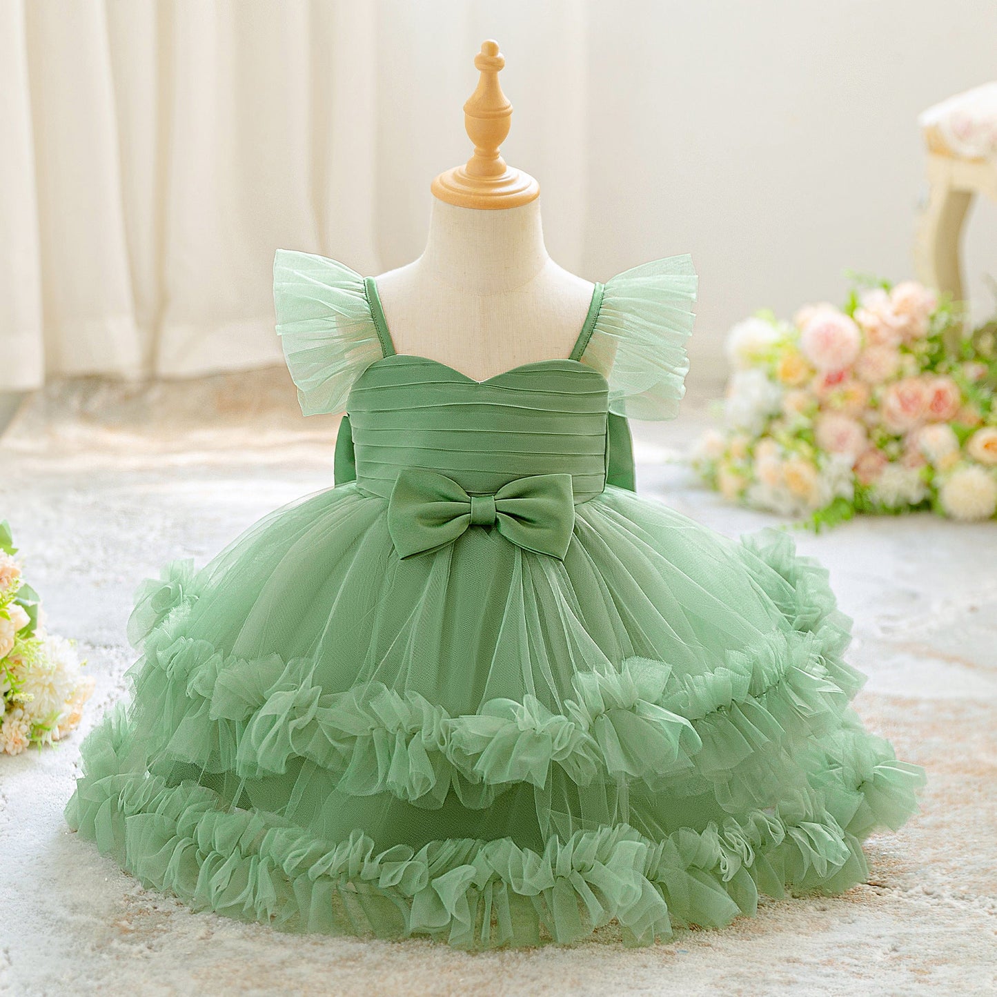 Children's Puff-sleeve Bowknot Tulle Fluffy Tiered Cake Skirt