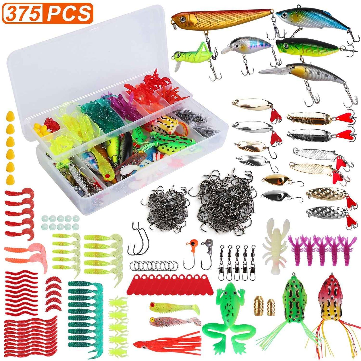375-Piece Fishing Lure & Bait Kit with 2-Layer Tackle Box